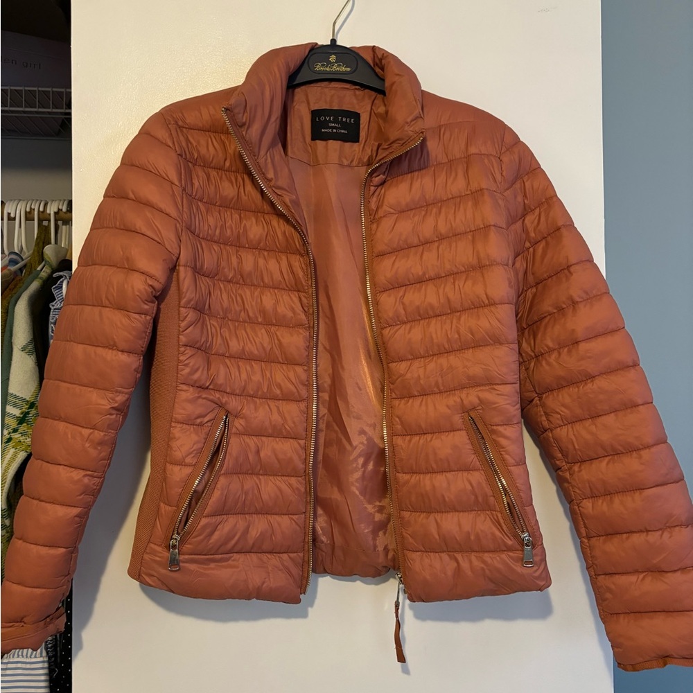 Love Tree Peach Puffer Jacket with Slim Fit and Stand-Up Collar